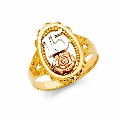 Sweet 15 Años 14k Tri Colored Gold Oval Flower Ring Quinceañera Oro Flor Anillo • $271.98