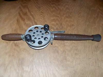 V-RARE Vtg Fishing Reel (Wood Handle Attached) Spool Dia 4.5  Handle 18.5   7/24 • $87.75