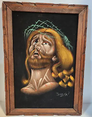 Vtg Black Velvet Painting Jesus Crown Of Thorns Signed Framed Mexico 21 X 15 • $74.99