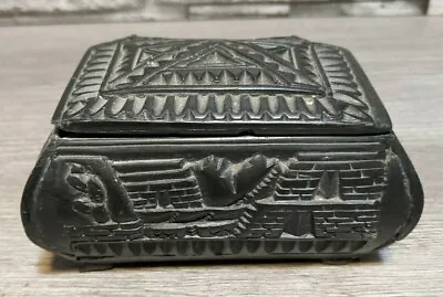 Vintage Aztec Mayan Carved Black Stone Box 2.5  X 4  Trinket Box Art Sculpture • $28.76