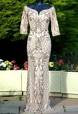 QUIZ Gold Sequin Bardot Maxi Dress Size 06 - 08 UK Evening Wedding Cruise PROM • £69.99