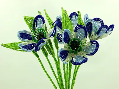 Vintage French Glass Beaded Blue Poppy Anemone Flower Bouquet • $50.99