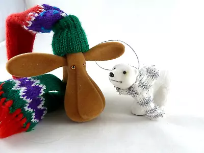 Flocked Christmas Ornaments Set Of 2 Polar Bear And Moose Head 3.5  - 4.5  Vtg • $7.99
