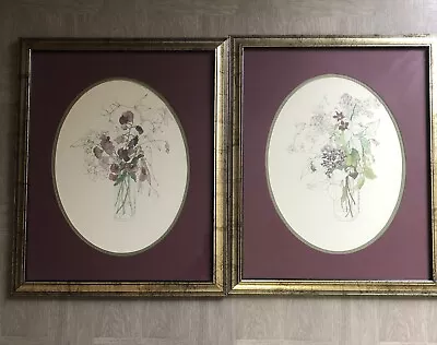 2 Vintage Mary Lou Goertzen Floral Botanical Print Framed Matted Farmhouse Chic • $89.99