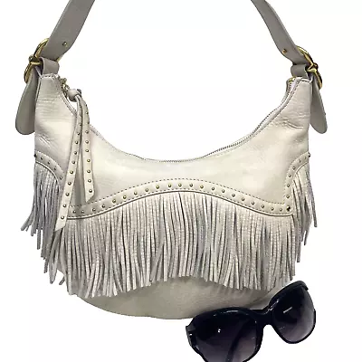 Fringed MICHAEL KORS  Studded W/Rhinestones Ivory Leather Shoulder Bag  EUC • $75