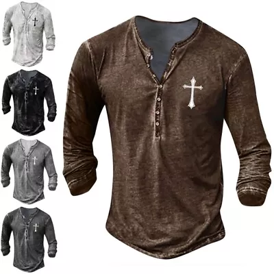 $27.26 • Buy Mens Vintage Long Sleeve V Neck T Shirt Casual Baggy Henley Button Tops Blouse