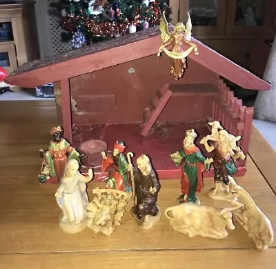 Vintage Nativity Scene Wooden Stable With Plastic Hong Kong Figures 1960’s • £20