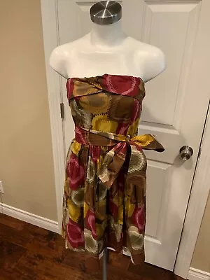 BCBG Max Azria Multicolor Circle Print Strapless Dress With Tie Belt Size 4 • $30.38