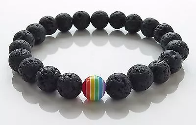 Lava Rock Stone Bead Bracelet Rainbow Bead Gay Pride LGBTQ Mens Unisex Festival • £4.25