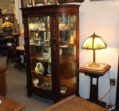 Antique Oak Curved Glass China Cabinet – Carved Claw Feet • $3250