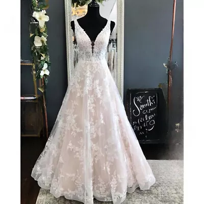 Beach Wedding Dress V Neck Sleeveless Backless A Line Lace Appliques Bridal Gown • $141.67