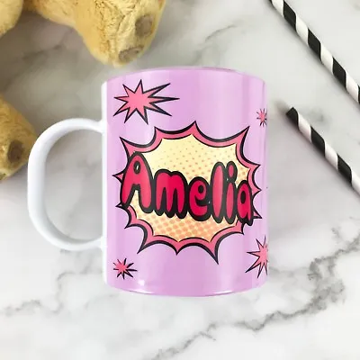 Personalised Pink POW Plastic Mug Children's Birthday Gift Juice Cup Any Name • £10.99