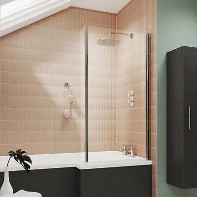 Nuie L-Shaped Hinged Shower Bath Screen & Return Polished Chrome Modern Bathroom • £89.95