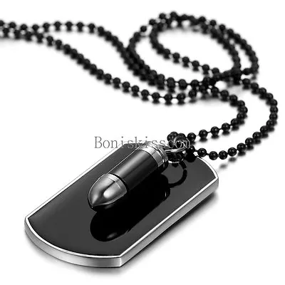 Men's Stainless Steel Black Bullet Dog Tag Pendant Necklace W Bead Chain • $8.99