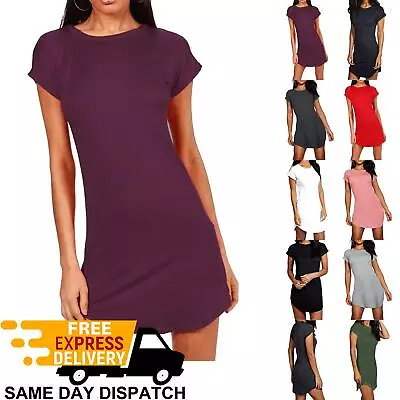 Ladies Womens Baggy Longline Curved Hem Turn Up Sleeve Tunic T-Shirt Mini Dress • £7.49