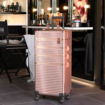 4 In 1 Large Rolling Makeup Train Case Cosmetic Trolley Beauty Cosmetology Case • £79.95