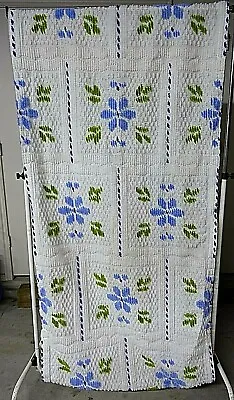 Vintage Chenille Drapes Blue Flowers 80 L X 35  W - Set Of 2 - Rod Pocket • $34.99