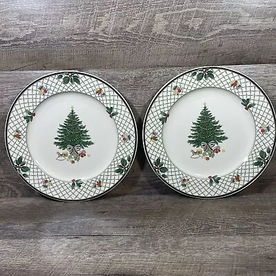 2 Mikasa CHRISTMAS STORY Dinner Plate 11 1/8  Green Tree Holly Lattice CAB08 • $29.99