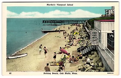 Bathing Beach Oak Bluffs Martha's Vineyard MA Swimmers Pier People Postcard • $3.99