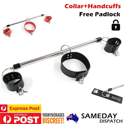 BDSM Collar Handcuffs Metal Bar Bondage Restraint Fetish PU Wrist Cuff Sex Toy • $29.99
