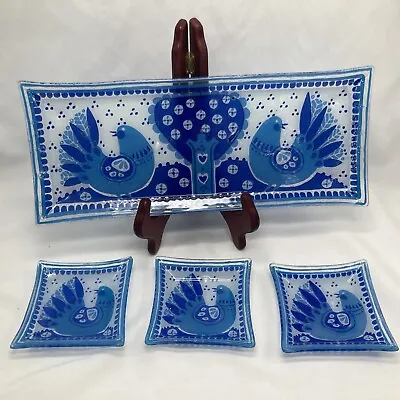 NAHARIYA ART Fused GLASS ISRAEL Bird Tree BLUE DISH Tray With 3 Dishes • $21.66