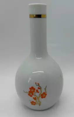 Vintage Mikasa Japan 6” White Ceramic Bud Vase With Orange Flowers Gold Trim • $14