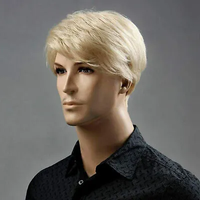 Men's Yellow Gold Straight Wig Medium-Length Synthetic Hair Blonde Natural Style • $16.22