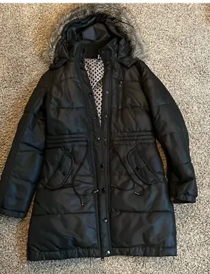 H&M Divided Women’s Jacket Coat Black Faux Fur Trim Hood Size 4 Sm • $25