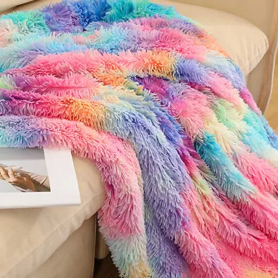 £9.55 • Buy Rainbow Warm Fluffy Shaggy Blanket Faux Fur Throw Sofa Bed Double Bedspread Q