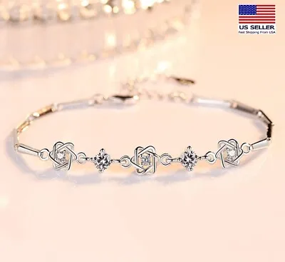 Fashion Women 925 Sterling Silver Wrist Chain Crystal Star Of David Bracelet • $6.99