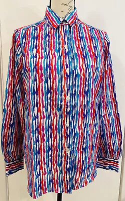 EVAN-PICONE Vintage Retro Secretary Blouse Multi Color Striped Button Up Poly 14 • $16.99