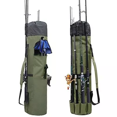  Durable Canvas Fishing Rod & Reel Organizer Bag Travel Carry Case Khaki Green • $48.44