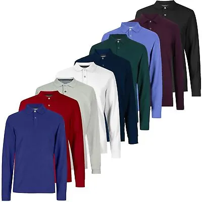 Mens Long Sleeve Plain Pique Polo Shirt Top Work Collar Casual Summer • £8.99