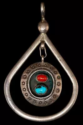 Vintage F. TABAHA Sterling Silver Turquoise Coral Pendant • $150