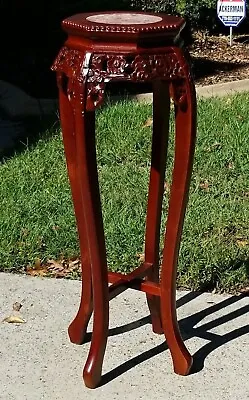 Vintage 36  Oriental Carved Wood Marble Top Pedestal Plant Stand Display Asian • $449.99