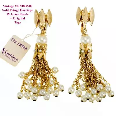 60's VENDOME Pearl Earrings MINT W/ Orignal Tag Beaded SIGNED Clips Long Gold • $0.99