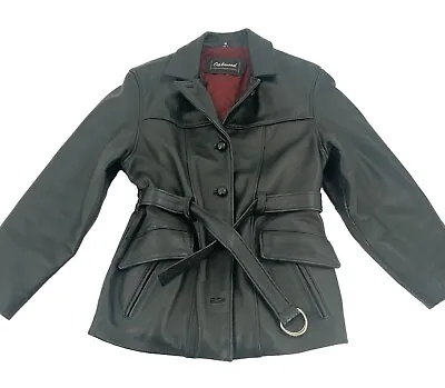 Oakwood Classic Black Leather Belted Women’s Lined Coat Size Medium • £57.91