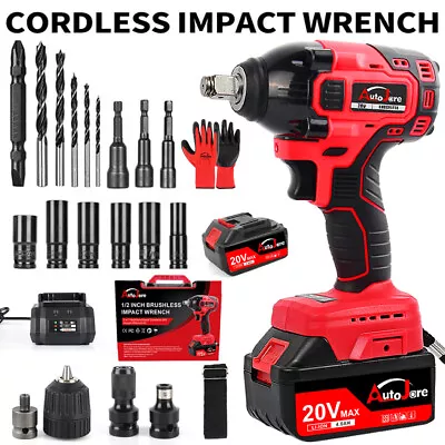 20V Cordless Impact Wrench 1/2  Brushless Power Impact Gun 4.0Ah Li-ion Battery • $60.99