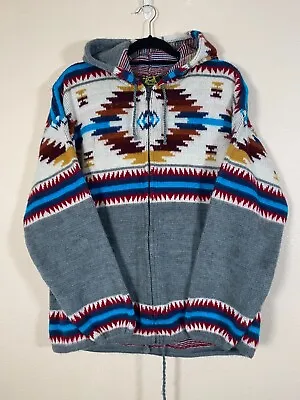 Vintage Tejidos Ruminahui Sweater Jacket Aztec Full Zip Fuzzy Soft Hooded Large • $89.55