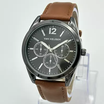 Men's VAN HEUSEN Classic Black Quartz Watch Brown Band 43mm Runs VAN2066RO • $19.99