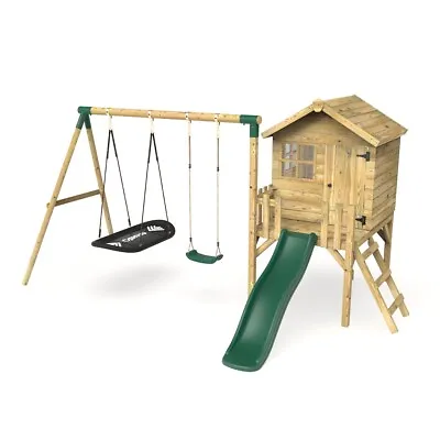 £889.95 • Buy Rebo Orchard 4FT X 4FT Wooden Playhouse + Swings, 900mm Deck & 6FT Slide - Sage 