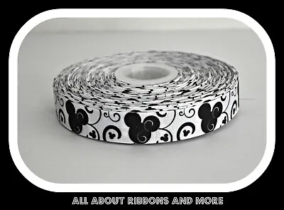 7/8 Inch Mickey Mouse With Black Swirls On White Grosgrain Ribbon- 1 Yard • $0.99