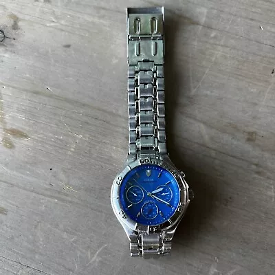 Vintage Mens Guess Waterproof Watch.  New Battery Silver Blue Dial • £21.21