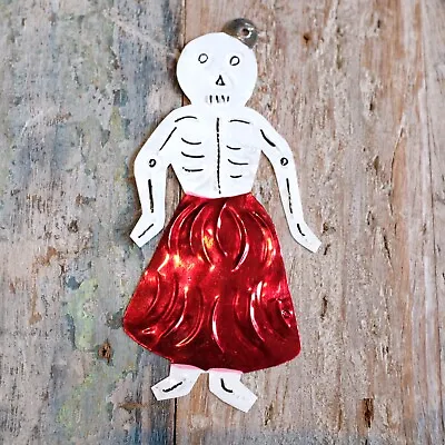 Mexican Tin Skeleton Lady Decoration Red • £4