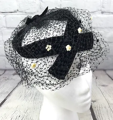 Vintage Womens Whimsie Non-Hat Halo Hat Black Velvet Veil Flowers 1950s 1960s • $19.99