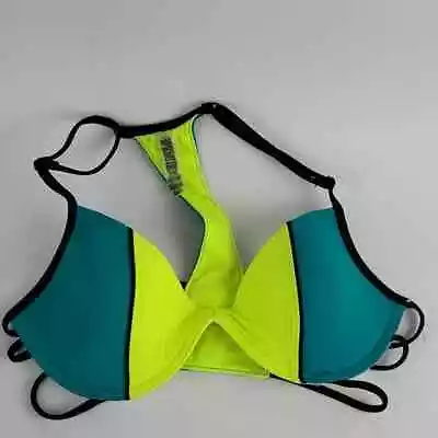 PINK Victoria's Secret Bikini Top Swim Neon Green Halter T-Back Size Medium • $12.99