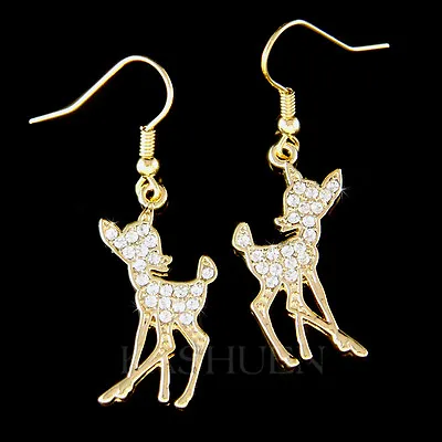 £46.74 • Buy Bambi Fawn Deer Made With Swarovski Crystal Gold TN Dangle Earrings Xmas Jewelry