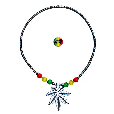 Hematite Necklace Weed Leaf Pendent Jah Love Rasta Jamaica Africa Reggae Unisex • $15.99