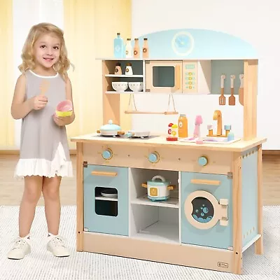 Robud Pretend Play Wooden Kitchen Set For Kids Microwave Oven Clock Towel Rack • $107.99