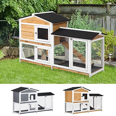 2-Tier Wooden Rabbit Hutch Guinea Pig House Pet Cage Outdoor W/ Tray Ramp • £134.99